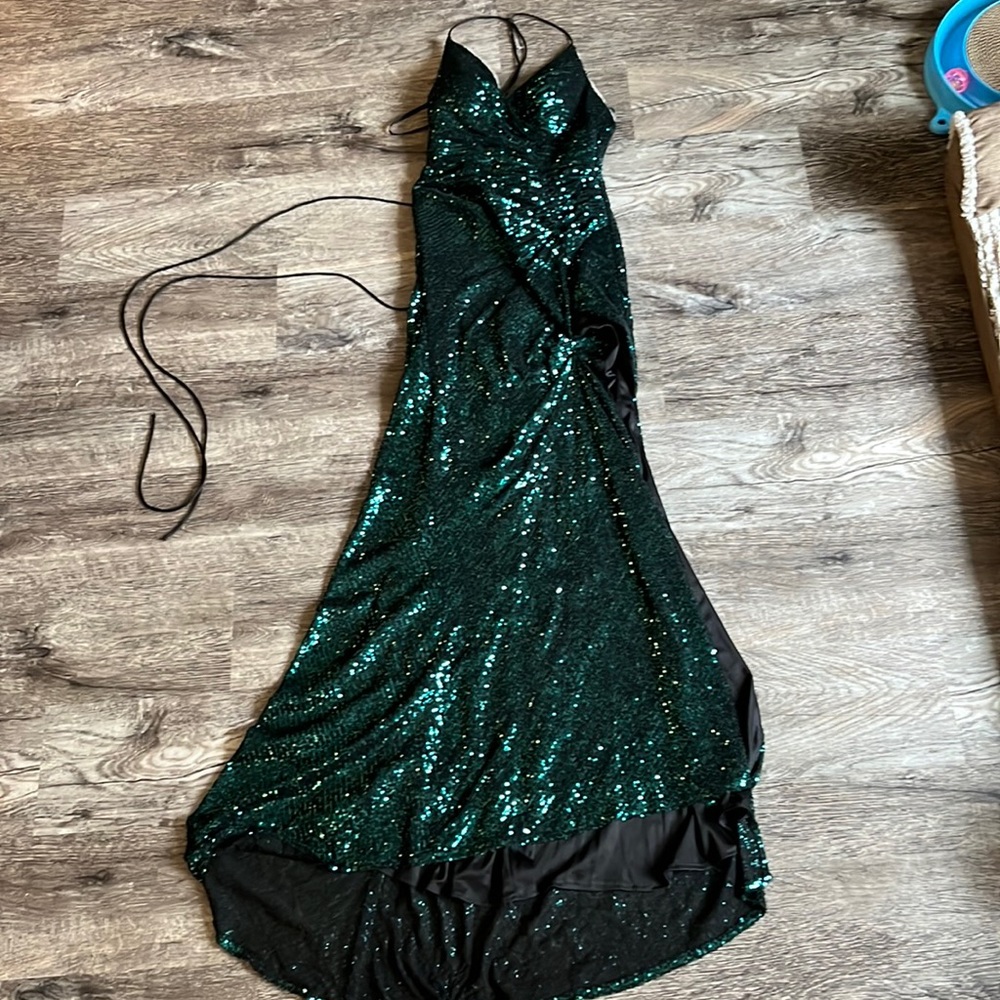 Green and black sequined prom dress